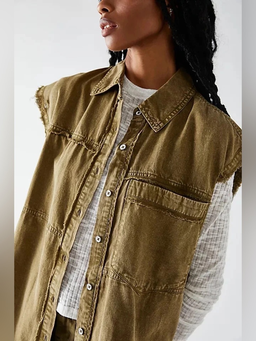 Free People We The Free Olive Utility Vest Oversized Distressed Cotton Military - Picture 2 of 12